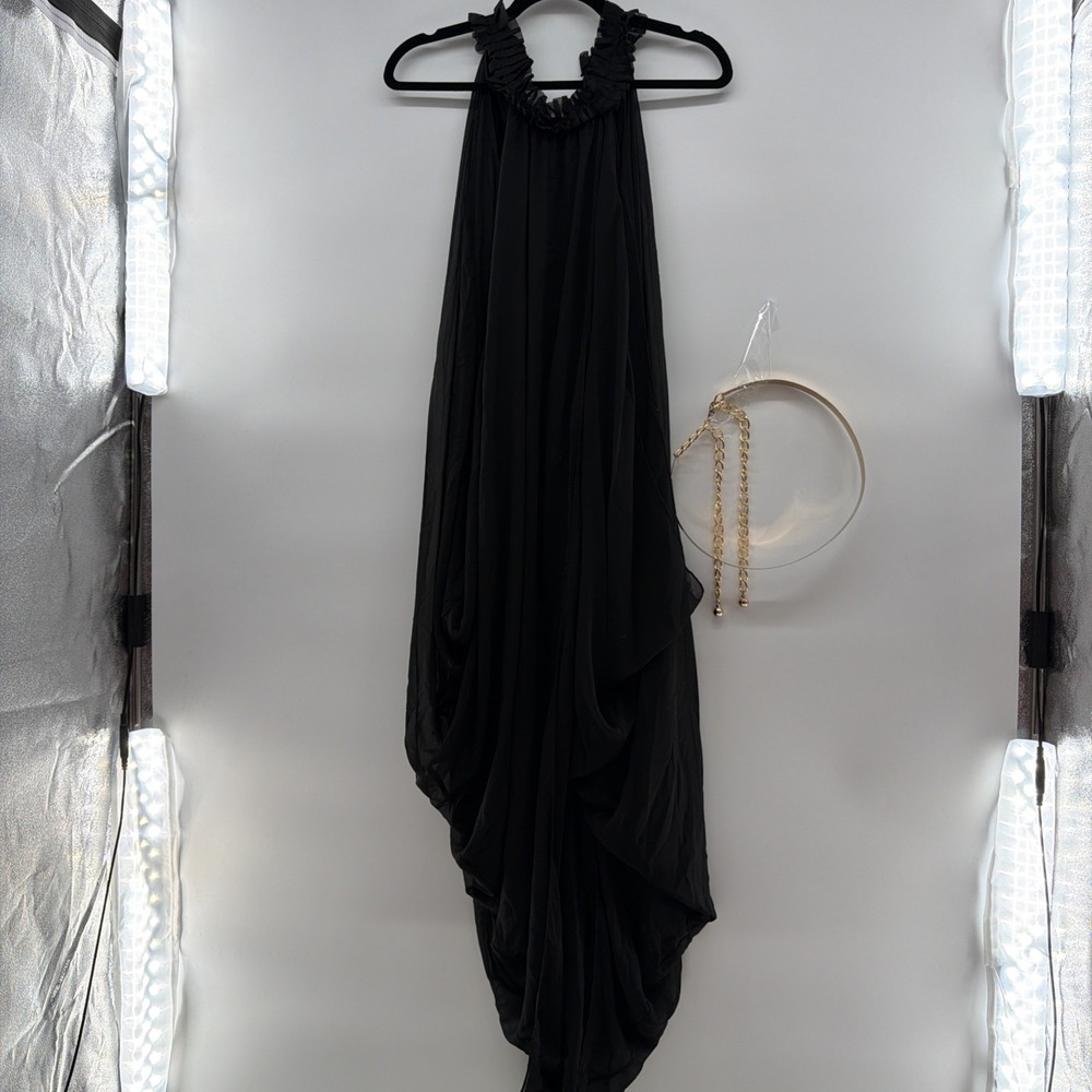 Black Halloween Womens Dress Layered Gold Belt Medium Gothic Theater Flowing